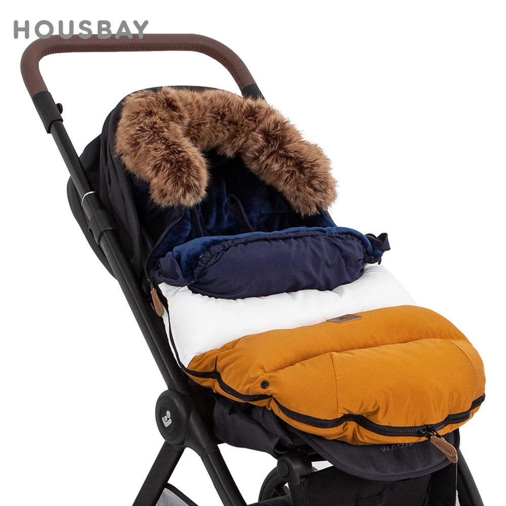 0-24 Months Baby Stroller Footmuff Winter Envelope Navy Blue White Brown Patchwork Fluffy Windproof Warm Removable Fur Collar
