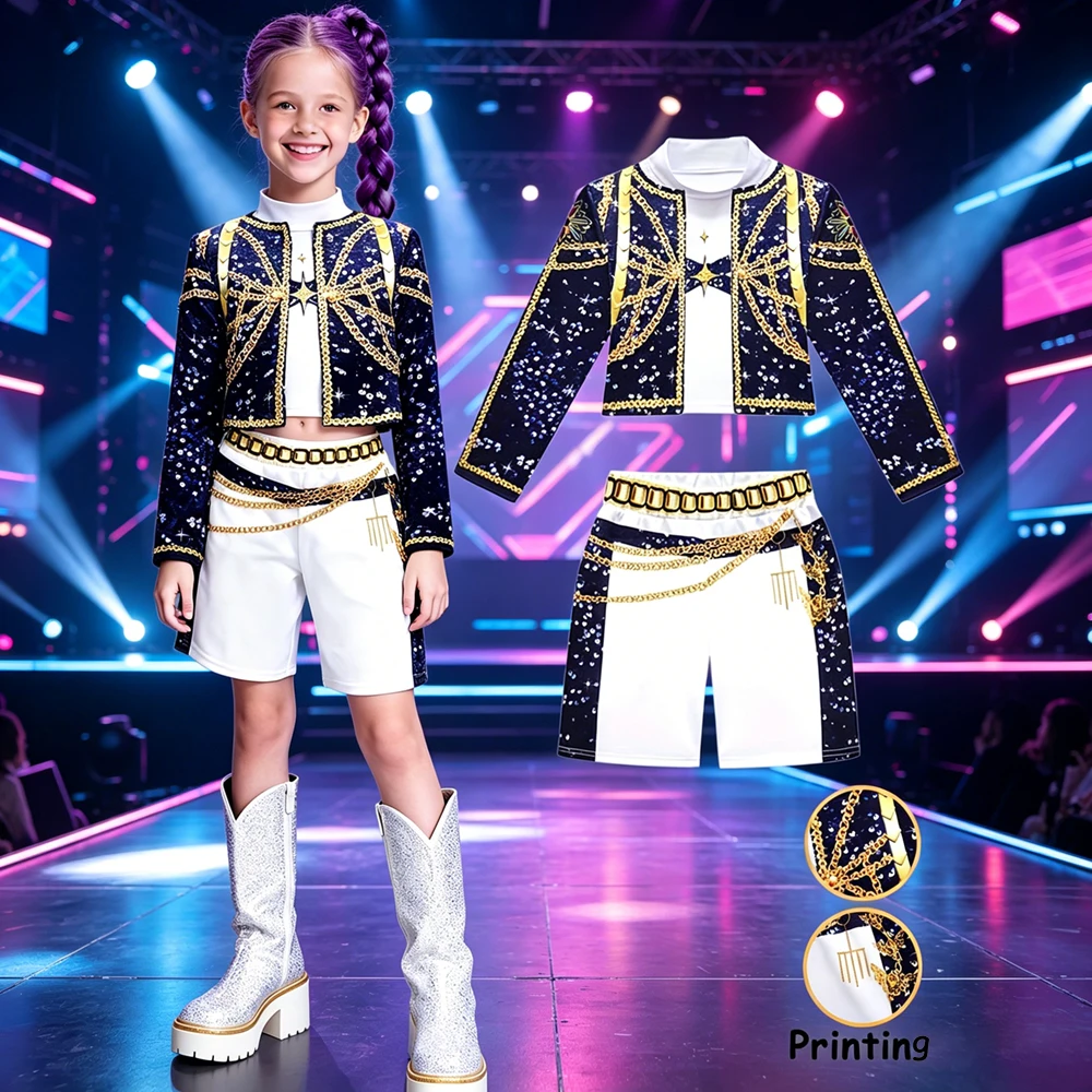 2026 Kids Girl Kpop Stage Performance Costume Hip Hop Outfit Cropped Jacket+Shorts 2PCS/Sets Streetwear Idol Concert Dance Party
