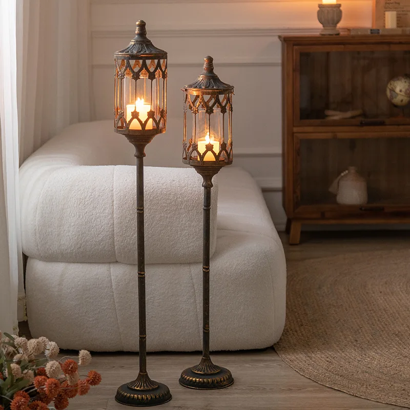 Cross-border European high-grade antique medieval wrought iron floor candlestick vertical ornament living room bedroom enhances