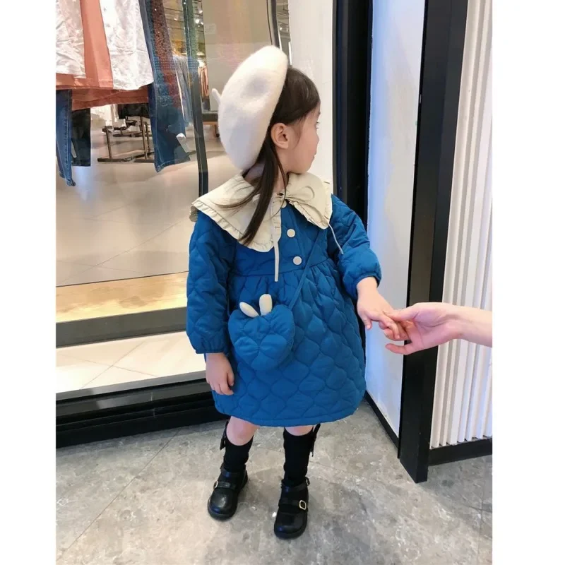 Girl's Cotton Jacket Long Jacket Baby Fall And Winter 2024 New Fashion Solid Color Patchwork Toddler Girl Coat For 1-6 Yrs