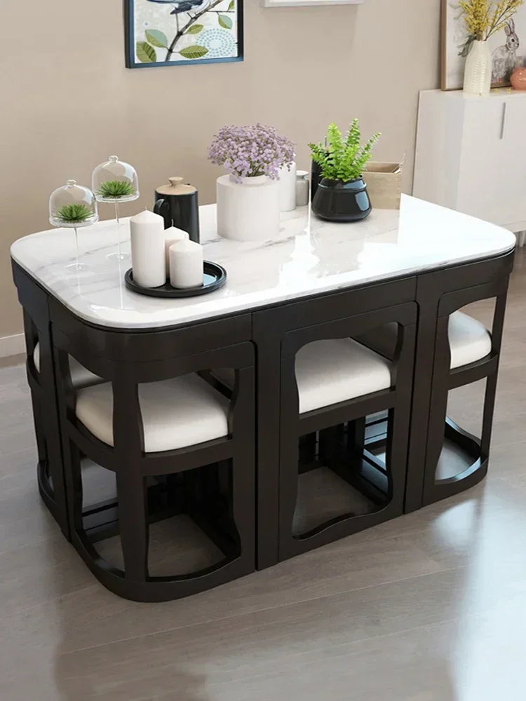 BJ Nordic Marble Stone Plate Dining Table Household Solid Wood Dining Table Simple 6-Person Retractable Dining Table And Chair