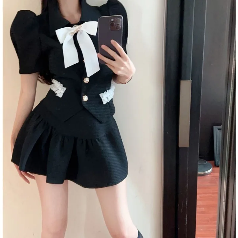 Summer New Advanced Sense of Temperament Bubble Sleeve Top High Waist Skirt Female Small Fragrance Wind Two Sets Skirt Female