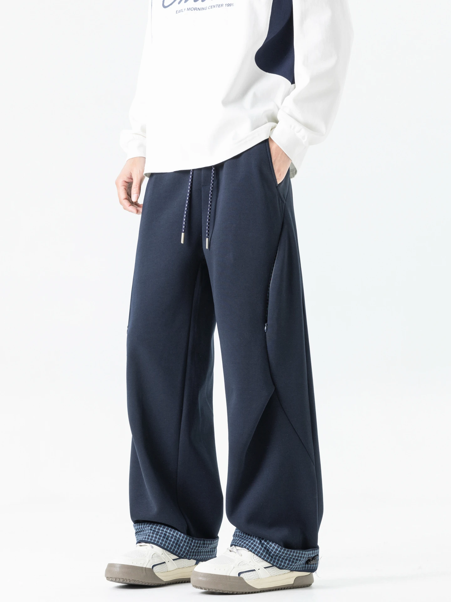 

Trendy Brand Men's Loose Fit Casual Pants Spring Plaid Patchwork Dstring Elastic Sport Sweatpants Wide Leg Casual Trousers