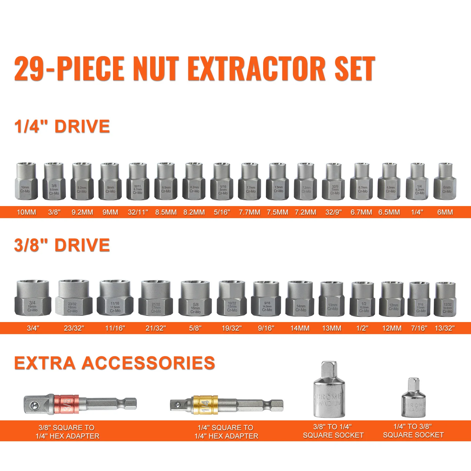 SucceBuy 29PCs Bolt Extractor Set Bolt and Nut Remover Set 6mm to 10mm 13/32" to 3/4" CR-MO Steel Extraction Socket Set