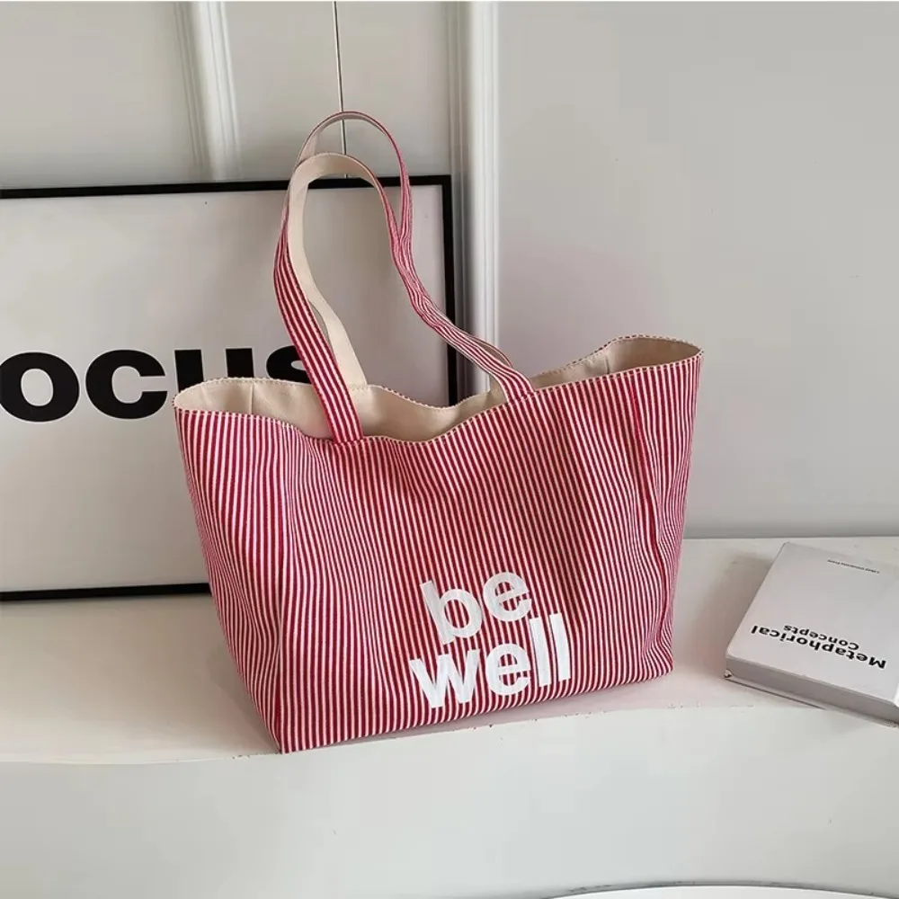 

Korean Style Versatile Women's Shoulder Bag Stripe Two-sided Tote Bag Large Capacity Canvas Handbag Women's Accessory