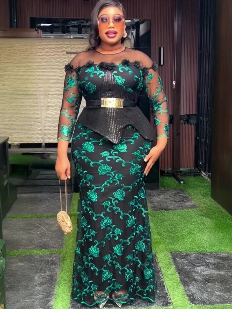 

Plus Size African Party Long Dresses for Women 2025 New Luxury Embroidery Sequin Robe Elegant Turkey Muslim Wedding Evening Gown