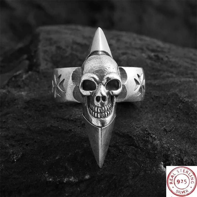 

European American Trendy Siam Silver Ring, Punk Rivet Smiling Skull Design, Bold Open Band Ring for Men