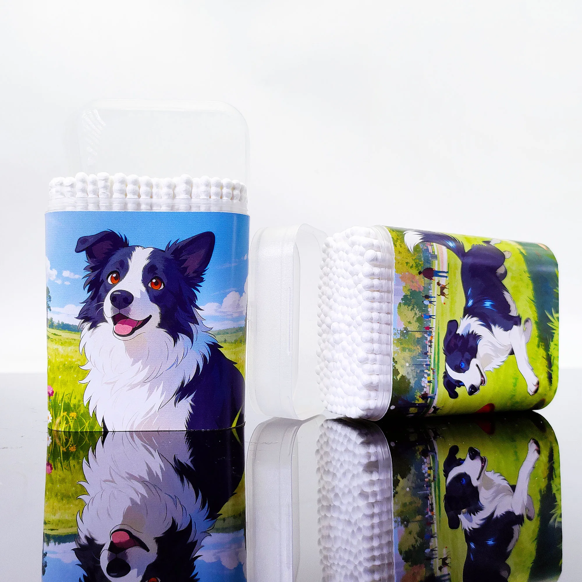 400 pezzi di lumache a doppia testa a tema animali, bastoncini di cotone rotondi e sottili, bastoncini di cotone a tema per cani da compagnia con bordo collie.