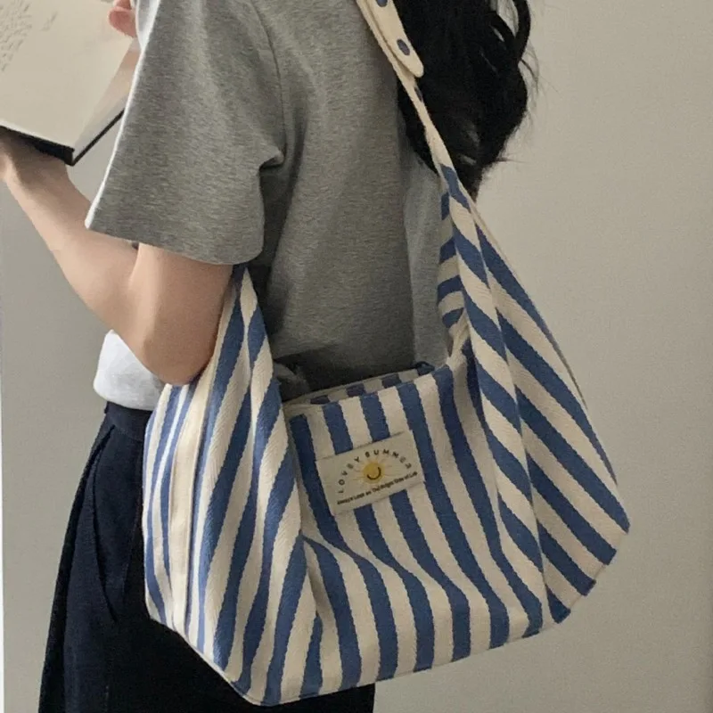 

Large Capacity Striped Tote Bag for Women Shoulder Bags Simple Fashionable Canvas Class Bags for Girl Shopping Bag Bolsos Mujer