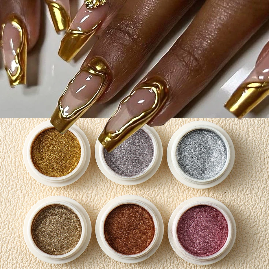 6pcs Champange Gold Silver Mirror Powder Nail Art Glitter Rose Gold UV Gel Polish Chrome Dust Metallic Effect Pigment Decoration