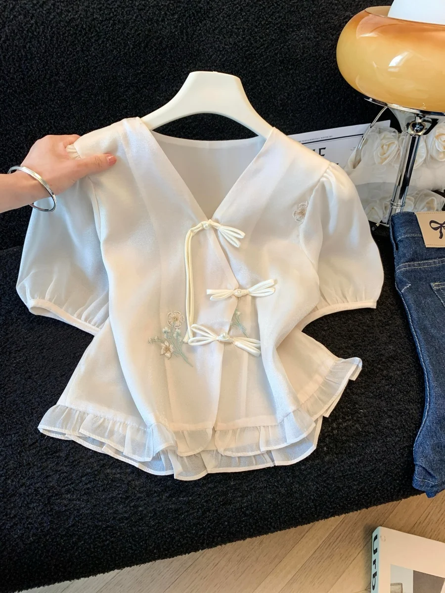 

New Chinese Style Embroidered Button Short Sleeve V-Neck Women's Summer Elegance Small Shirt Top Asymmetrical Chiffon Blouse