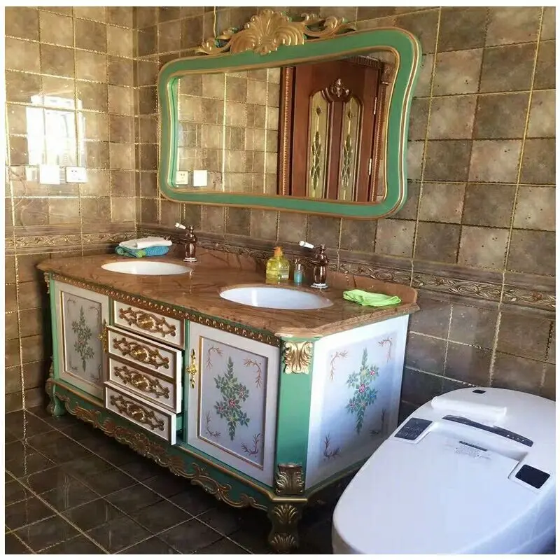 Mueble de baño antiguo, mueble de baño de madera maciza de roble, color dorado y plateado, pintura hecha a mano