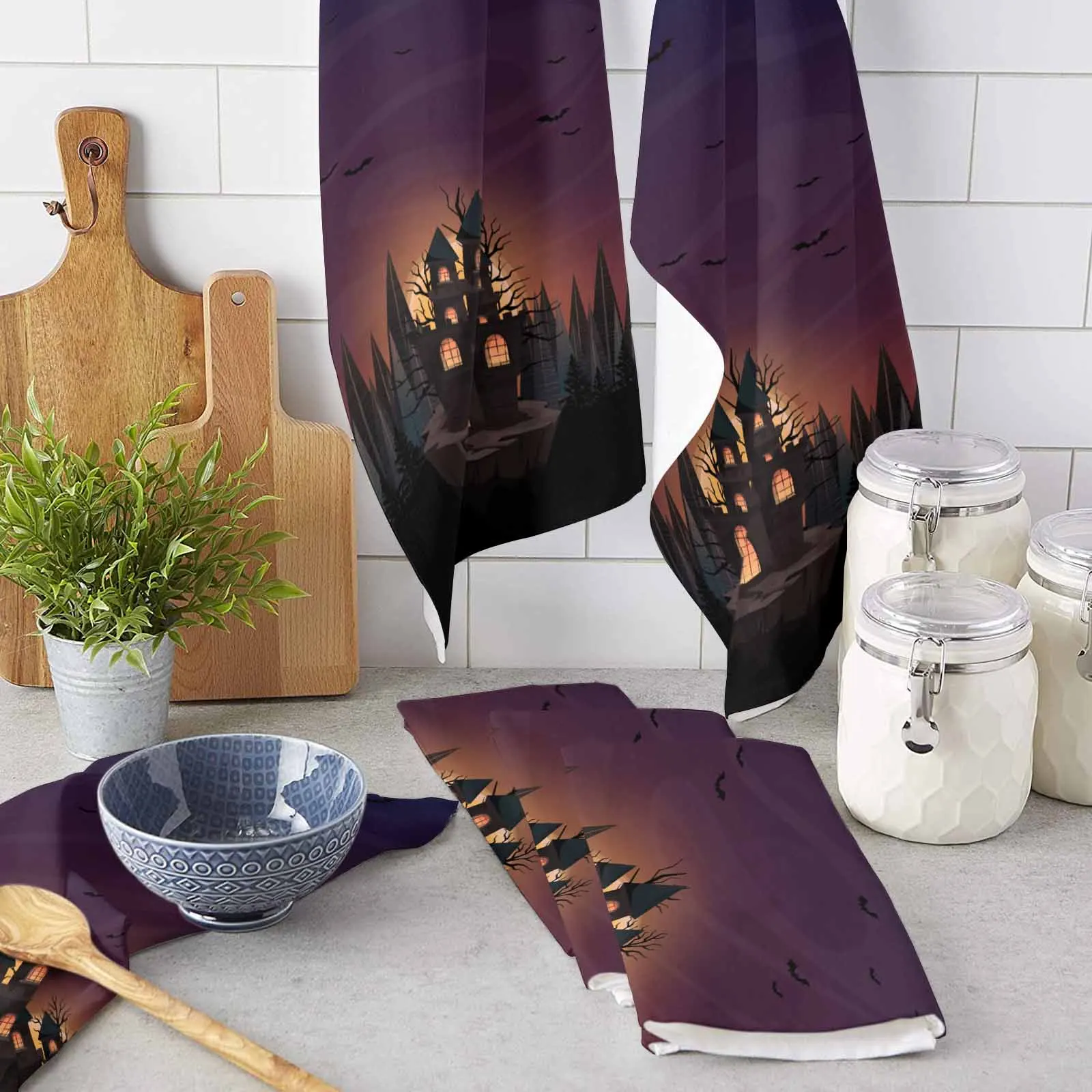 Halloween Castle Pumpkin Retro Bat Grove Printed Tea Hand Towel Kitchen Dishcloth Water Absorption Household Cleaning Cloth