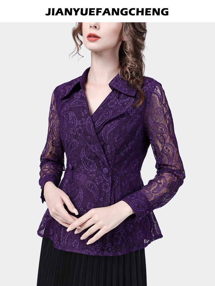 2024 Spring Summer Womens Purple Lace Shirt Hollow Out Suit Collar Tops Elegant Slim Paisley Office Ladies Blouses