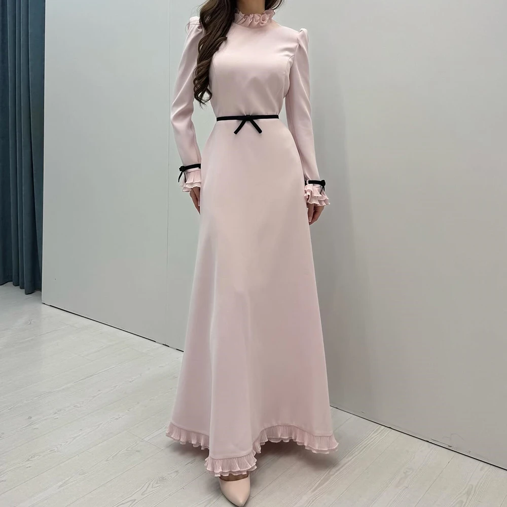 

Customized A-line Evening Dresses Ankle-length High-neck Full Sleeve Prom Gown Fashion Ruched Simple Draped Casual Party Gown