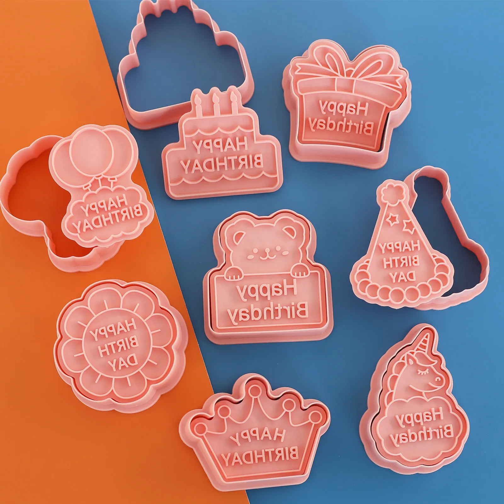 8pcs Happy Birthday Cookie Cutter with Stamp Unicorn Biscuit Mold DIY Kitchen Bakeware Tools for Baby Shower Kids Birthday Party