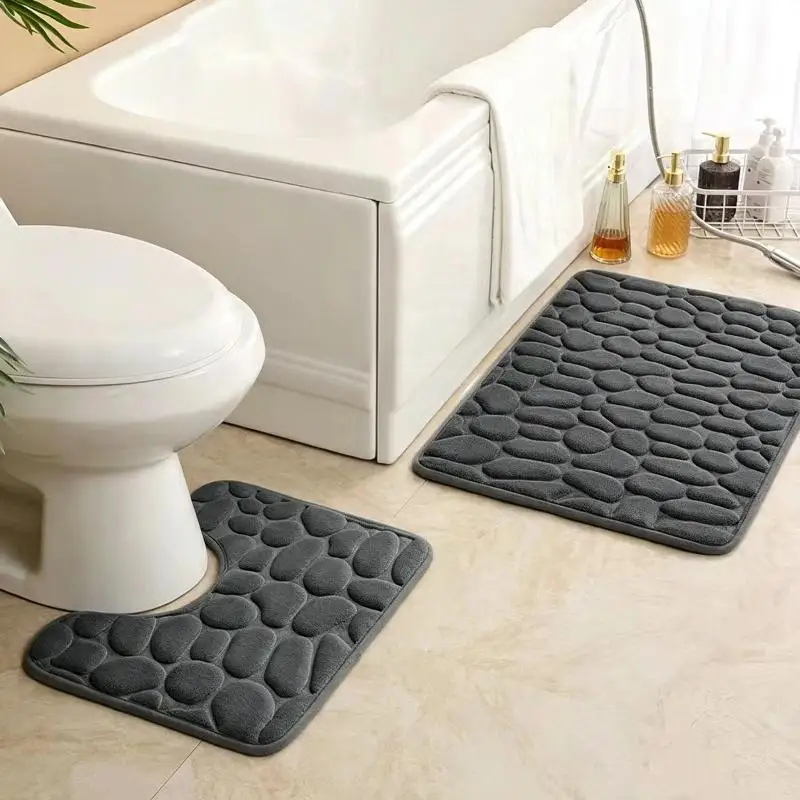 1/2Pcs Grey Bathroom Rug Set Non Slip Absorbent Soft Pebble Design For Toilet Shower Floor Home Daily Use Mat Kit
