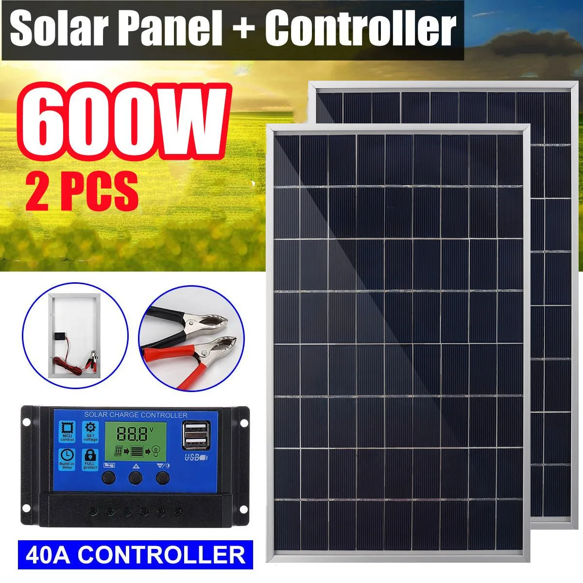 600W  Solar Panel Solar Cells 40A Solar Controller Module for Car RV Boat Home Roof Van Camping 12V Solar Battery