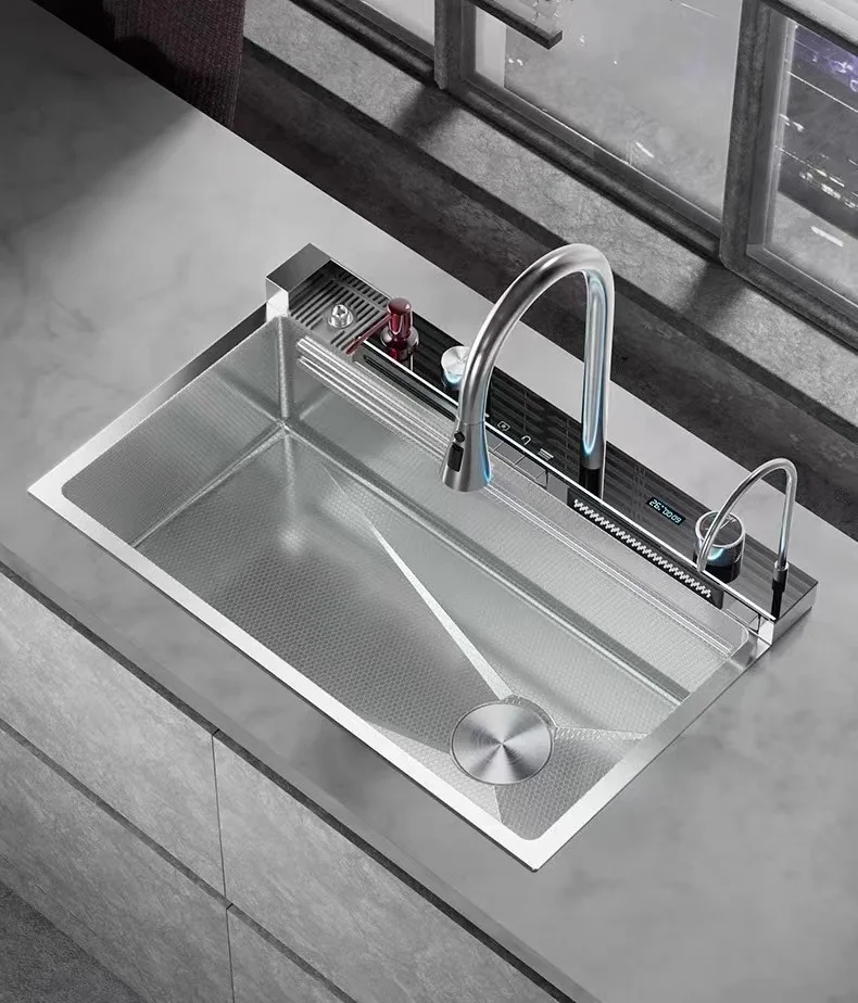 Silver Sink Modern Smart 304 Stainless Steel Waterfall Single Bowl with Pull-Out Whale Faucet Digital Screen & Knife Slot