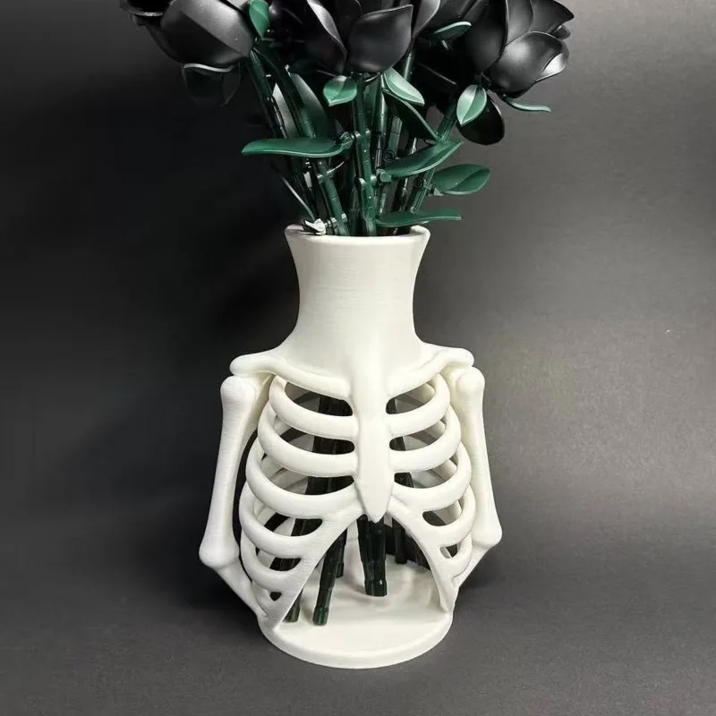 3D Printed Skeleton Bone Vase Warm White Skull Rib Cage Flower Holder Halloween Desk Home Room Decoration Craft Gift Ornament