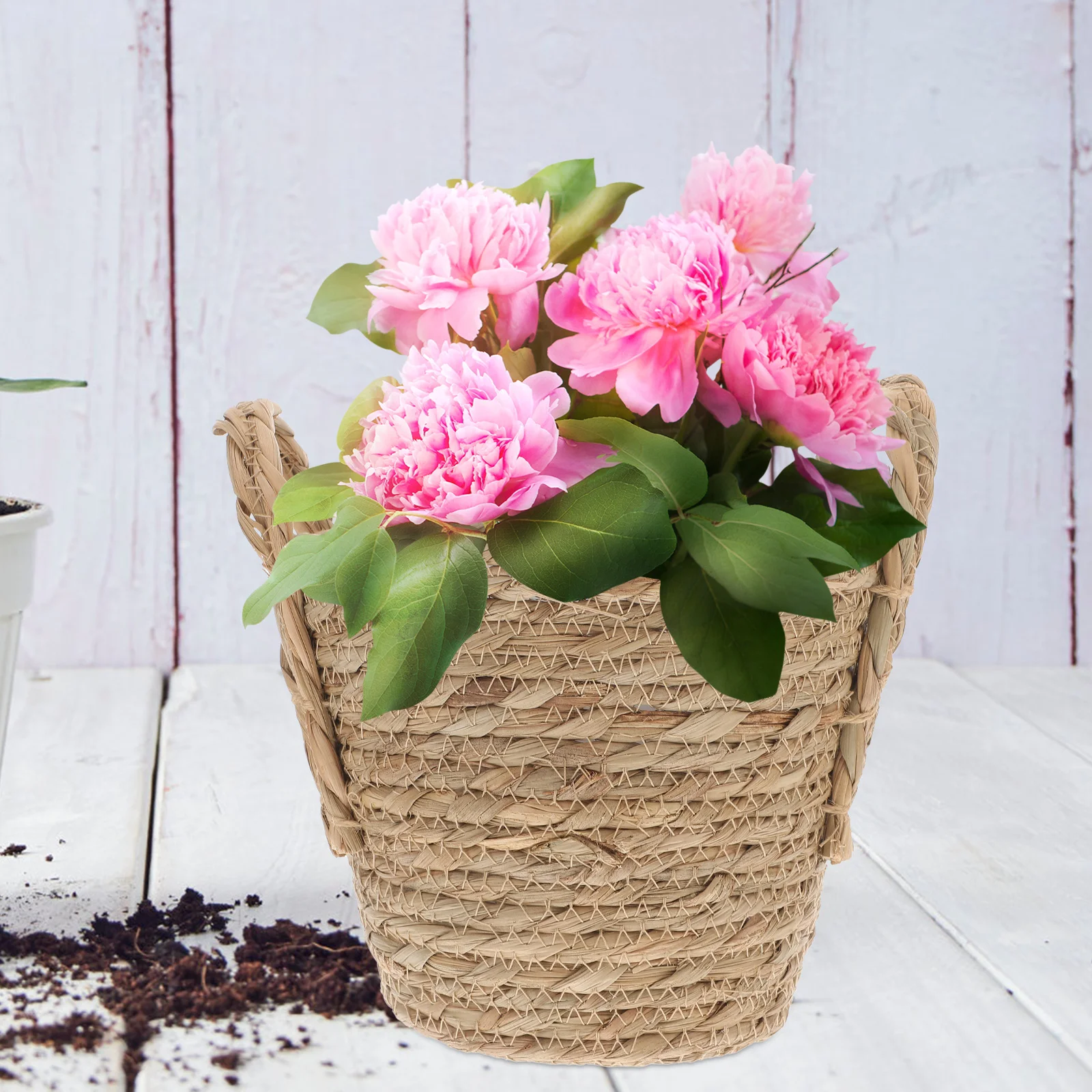 

Faux Plant Straw Flower Pot Retro Flowerpot Bucket Large Woven Planter with Lining Artificial Plants Indoor