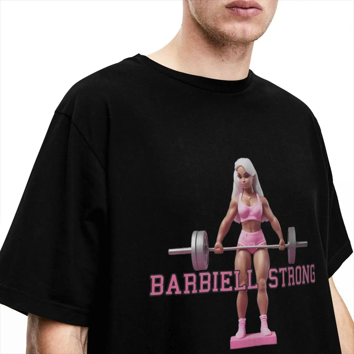 Funny Fitness Barbie Barbiell Strong T-Shirt Men Round Collar 100% Cotton T Shirts Short Sleeve Tee Shirt Summer Clothing