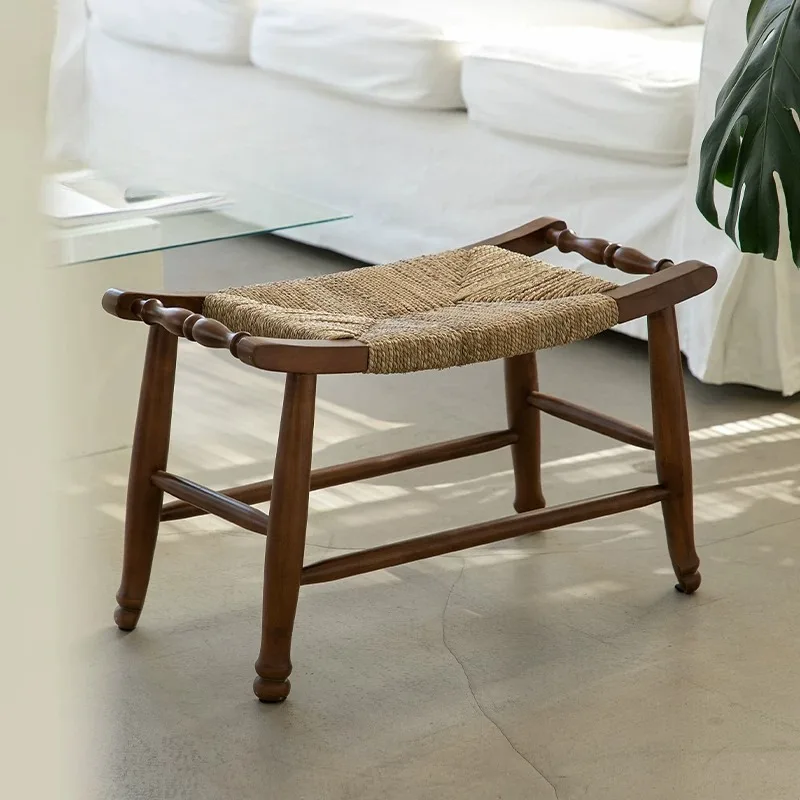Nordic Solid Wood Rattan Ottoman 1