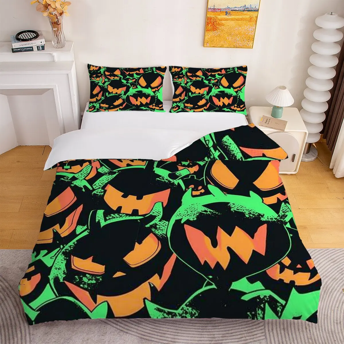 

Jack-o '-lantern duvet cover Jack-o' -lantern with green background Room decoration bedding set