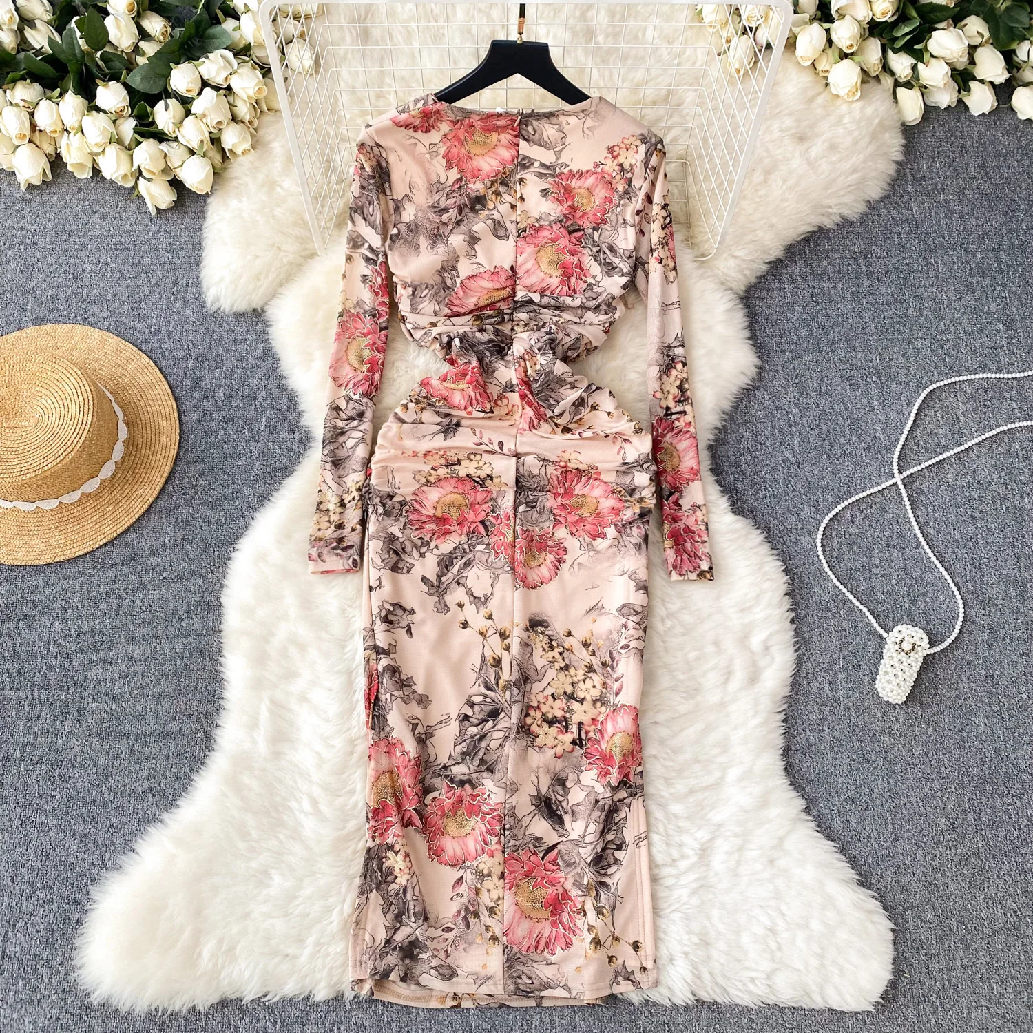 Romantic Atmosphere Floral Square Neck Dress For Women Autumn Spring Tight Slim Fit And High Quality Split Long Mesh Dress Lady