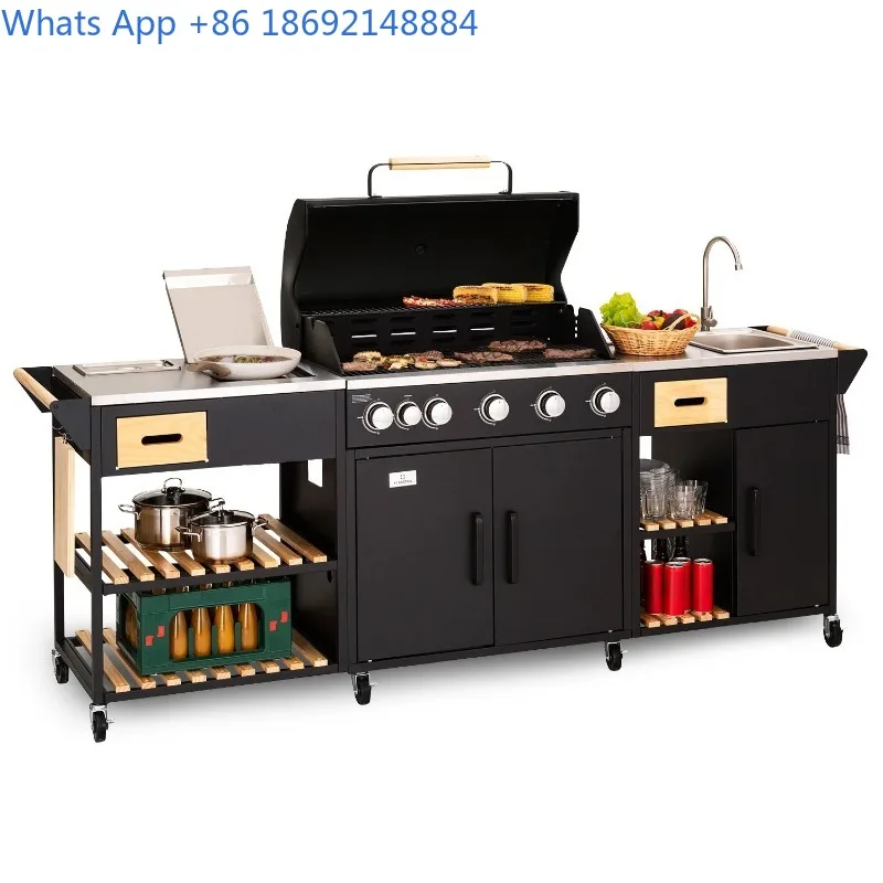 

Гриль-патио, стол для барбекю, комбинированная уличная кухня с боковой плитой, раковина, подвижный уличный остров