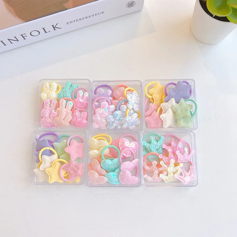 10 Pcs/Box New Baby Girls Cute Sequin Flower Heart Crown Elastic Rubber Hair Bands Children Mini Hair Ties Kids Hair Accessories