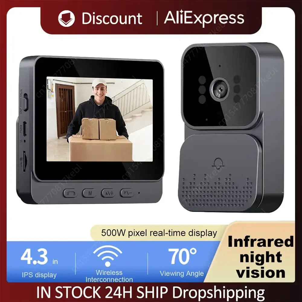 Campanello video domestico con schermo interno da 4,3 pollici Wireless 2.4G WIFI Citofono vocale a 2 vie Supporto per archiviazione su scheda SD Visione notturna HD