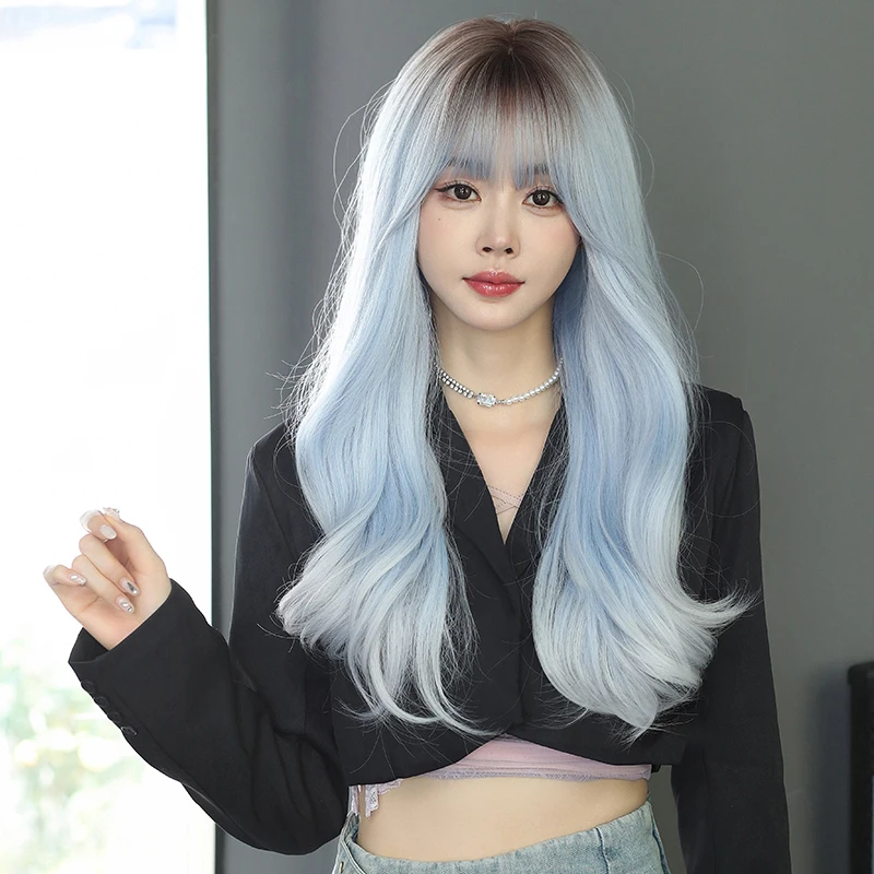 7JHH WIGS Lolita Wig Synthetic Body Wavy Ice Blue Wigs with Dark Roots High Density Curly Ombre Wig for Women Beginner Friendly