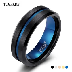 TIGRADE 8mm Men Black Tungsten Carbide Ring Thin Blue Line Wedding Band Vintage Men Jewelry Anime Anel Masculino Aneis Size 6-15