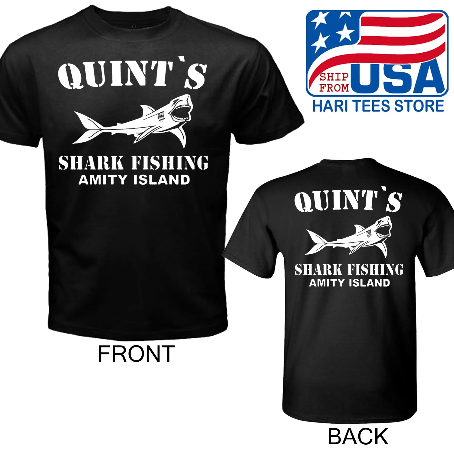 Amity Island Quints Shark Fishing Jaws Men's Black T-shirt Size S to 5XL