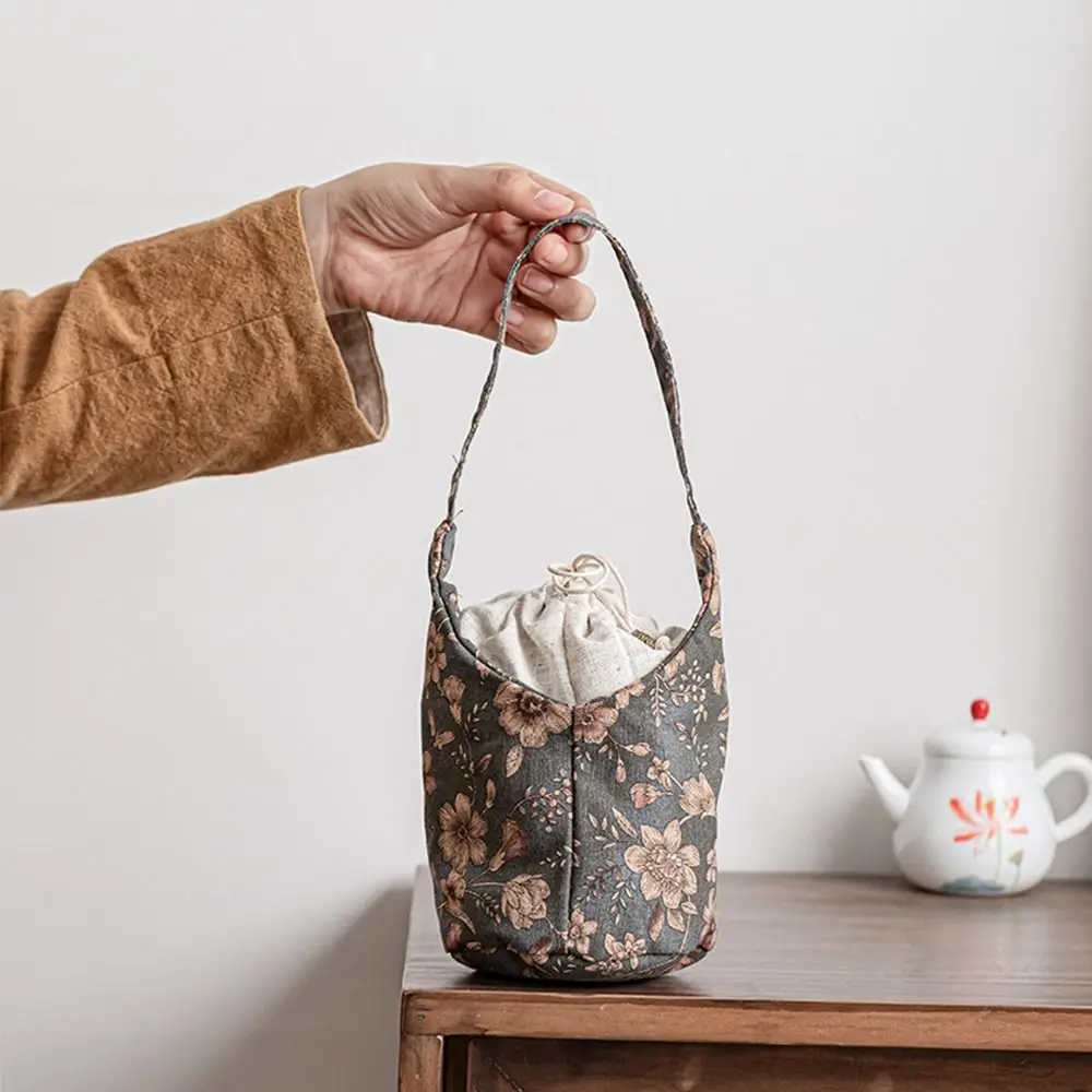 Chinese Style Embroidered Handbag Flower Print Cotton Tea Tools Storage Bag Small Item Pouch Solid Color