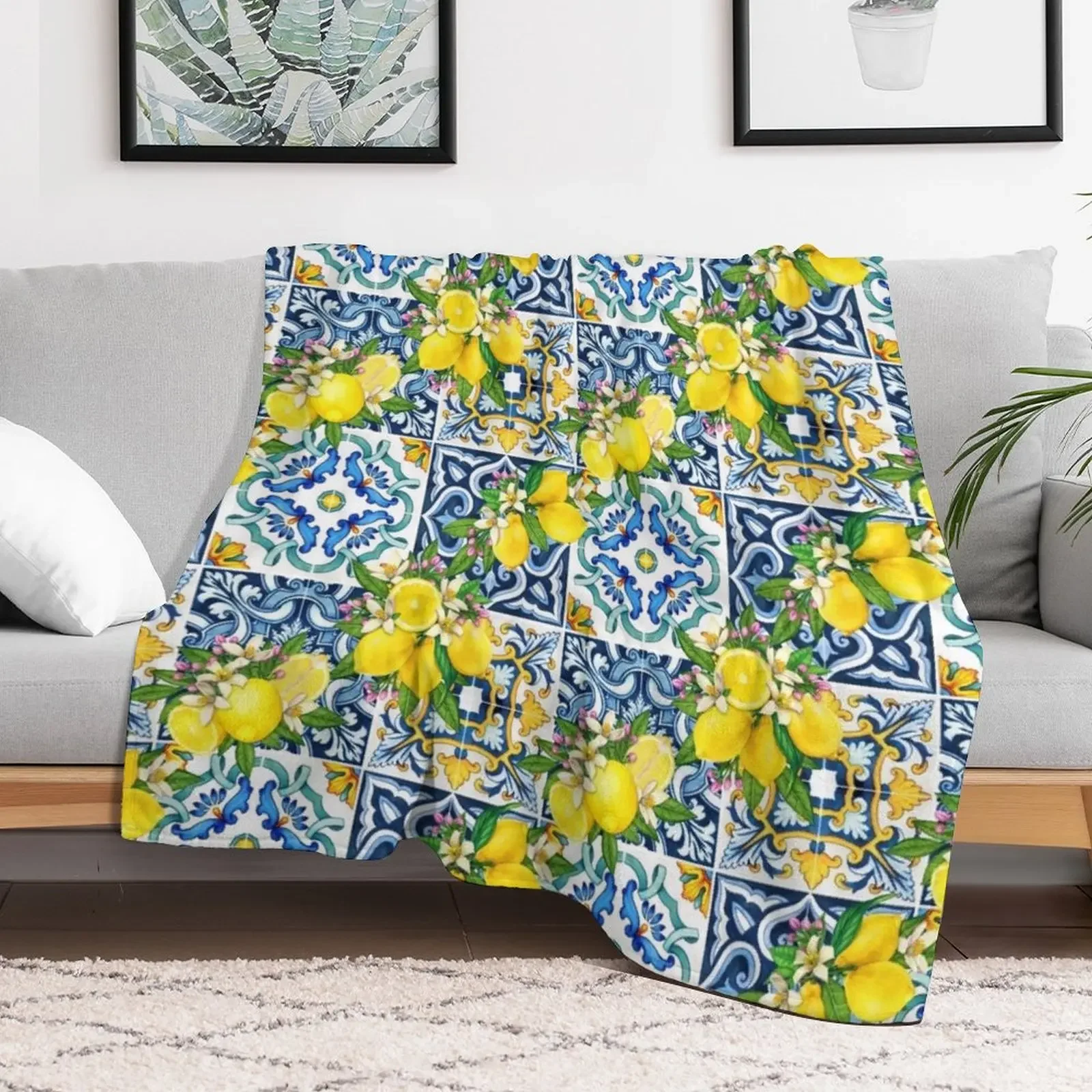 Bright Mediterranean Sicilian Tiles with Citrus Lemons Throw Blanket Blankets For Sofas Blankets For Bed manga Blankets