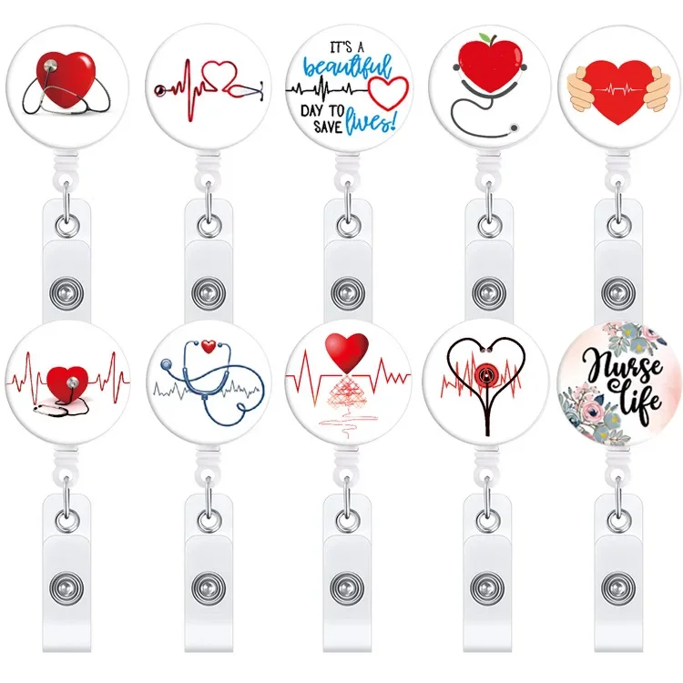 Hot Sales 1 Piece Quality Retractable Nurse Doctor Badge Holder Fashion Stethoscope Love Heart Keychains Lanyard ID Card Holder