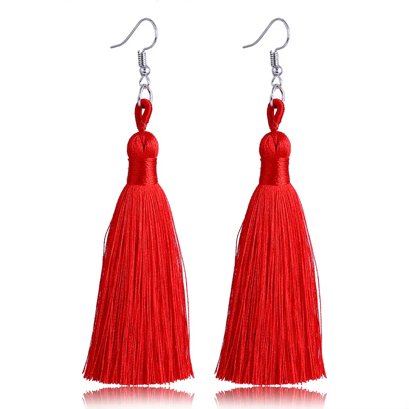 Women Tassel Earrings Bohemian Cotton Thread Cords Brush Drop Dangle Earrings Handmade Silk Fabric Long Hanging Earrings Jewelry