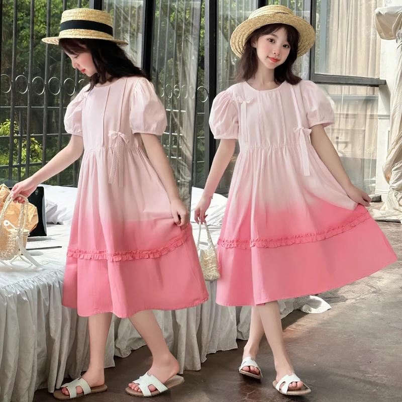 

Girls Summer Gradient Dress Fashion Children's Bubble Sleeve Princess Dress Kids Vacation Beach Dress 2025 New