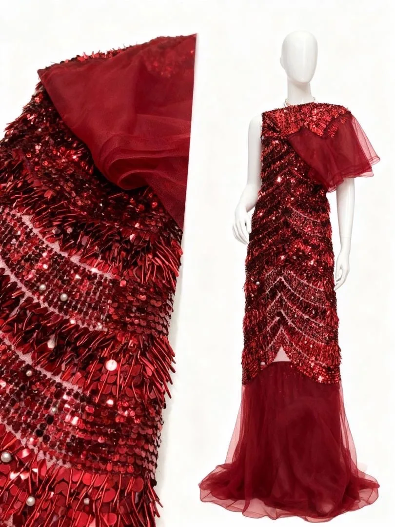 

African Heavy long tube Beaded Lace Fabric French Bridal Sequins Lace Fabric 2025 Luxury Nigerian Tulle Lace Fabric For Dress