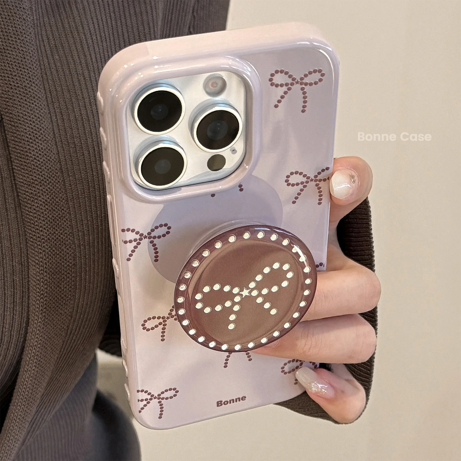 Ins نمط رمادي أرجواني القوس جراب هاتف آيفون 17 16 15 14 12 13 11 Pro ProMax Plus X XR غطاء هاتف مقاوم للصدمات