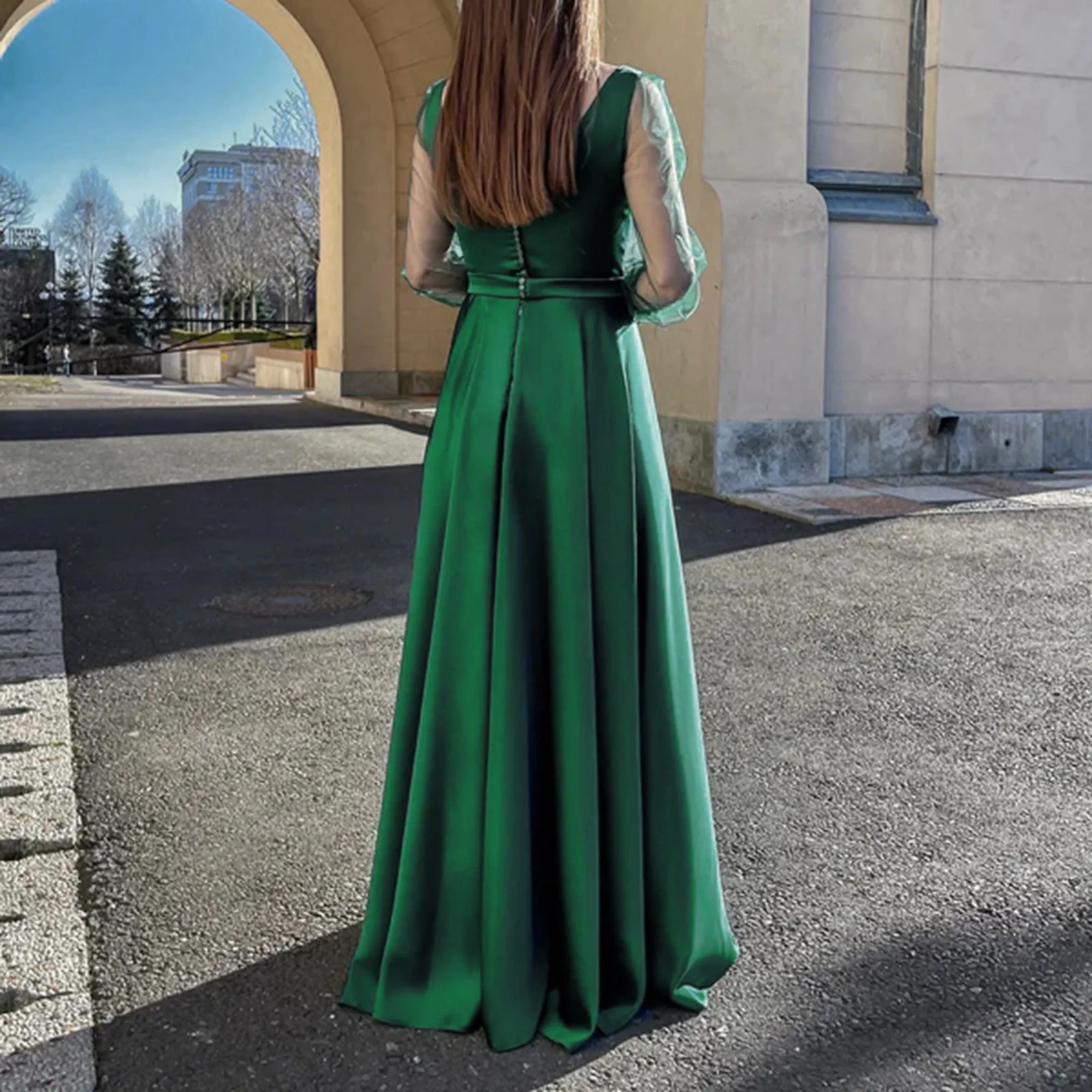 Vestidos de Fiesta elegantes para mujer, Color sólido, manga larga de malla, cuello cuadrado, corte en A, abertura lateral, Maxi verde, vestidos de graduación elegantes