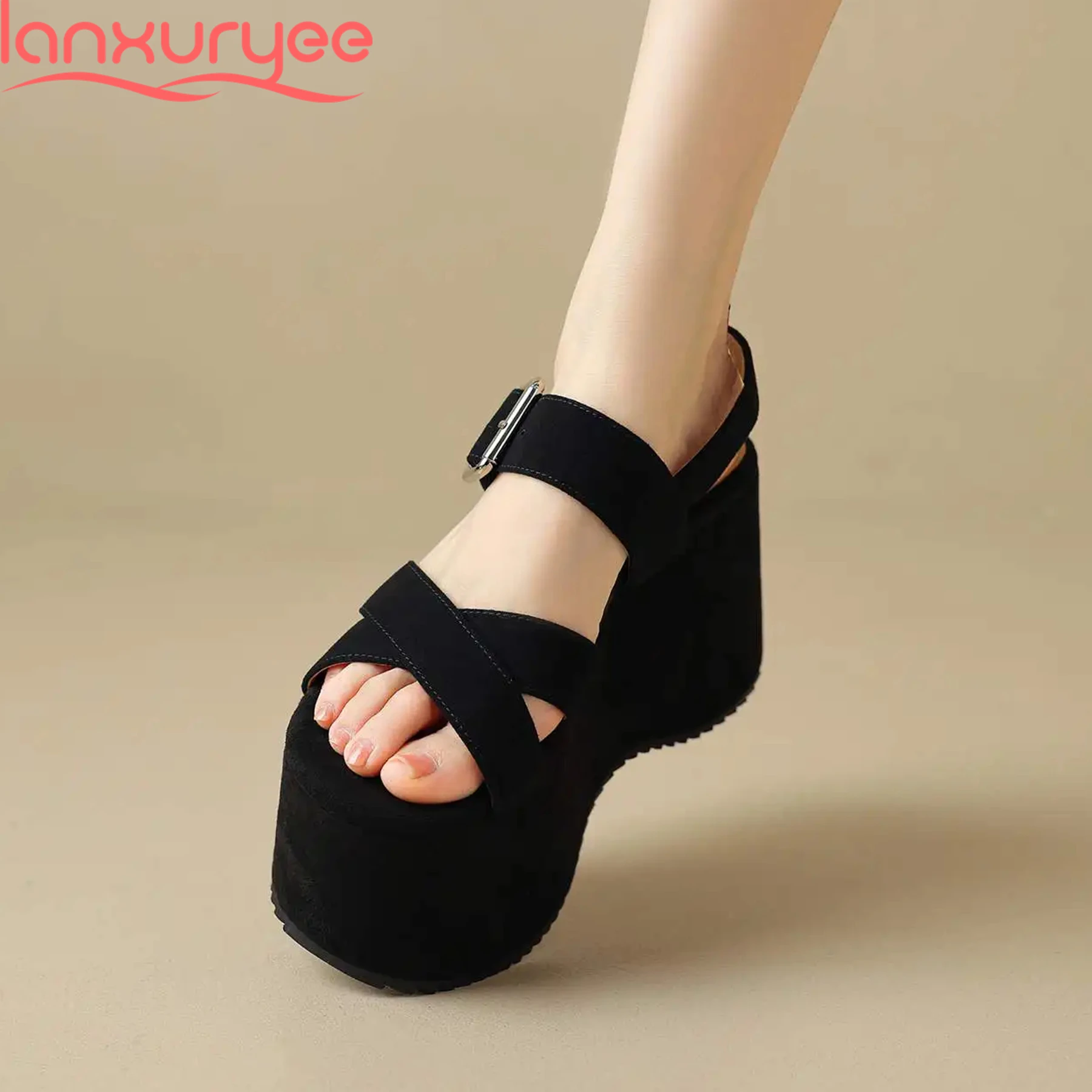 

Lanxuryee Sheep Suede Peep Toe Super High Summer Shoes Platform Nightclub Party Dating Gifts Brand Casual Comfort Women Sandals