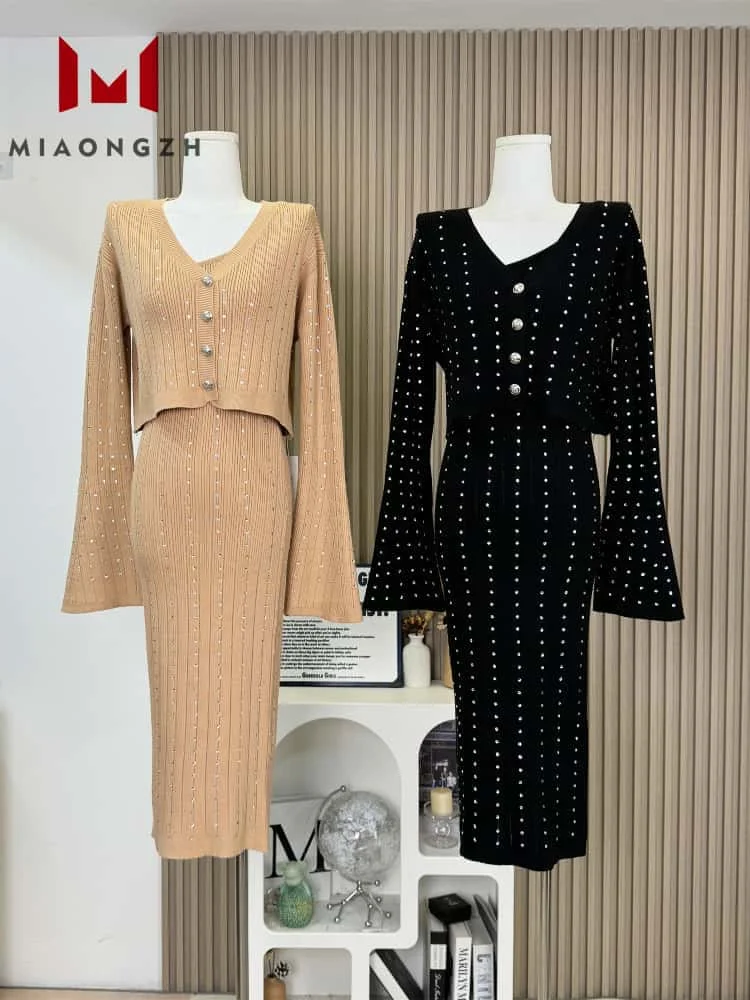 Fashion Women's Dress Sets Patchwork Diamonds V Neck Long Sleeve Cardigan For Women Slimming Elegant Luxury Knitted Dresses Suit