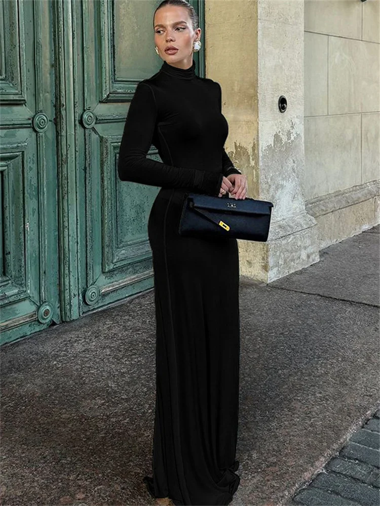 Elegant Fashion Turtleneck Long Dress Female High Waist Long Sleeve Slim Autumn 2024 New Solid Dress Women's Party Dress