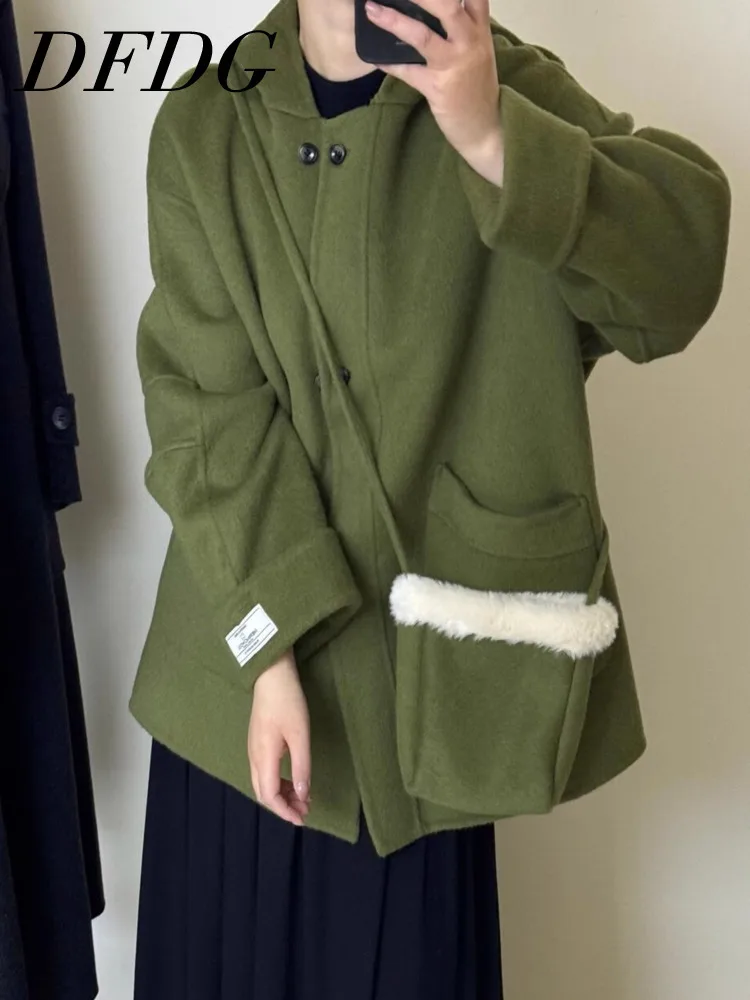 

DFDG Women’s Double Faced Wool Hooded Midi Coat 2025 Fall Winter Style Oversized Commute Overcoat Bag Minimalist Designer Coat