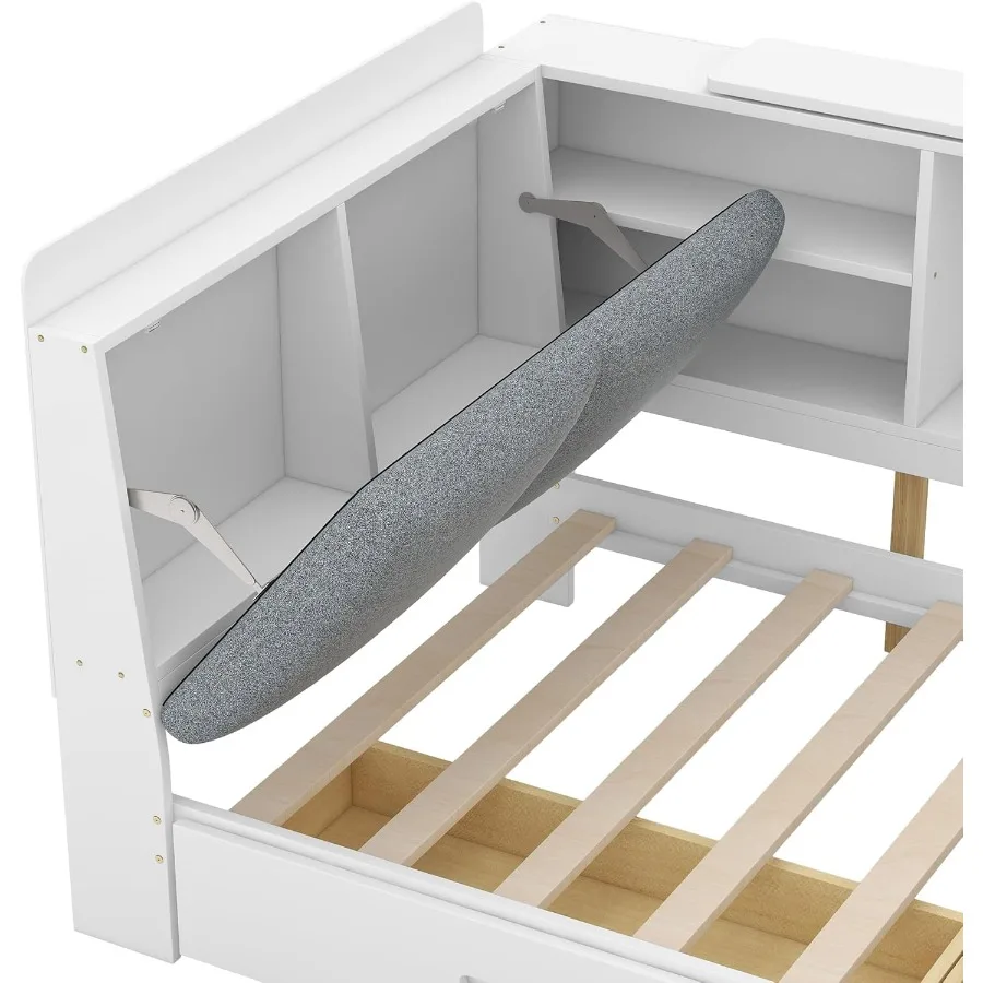 سرير خشبي مزدوج الحجم مع لوح رأسي للتخزين، سرير نهاري خشبي مع أرفف ودرجين مناسب لغرفة المعيشة وغرفة الدراسة W