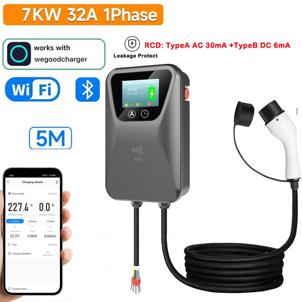 7KW 32A Large 4.3Inch Screen EV Charging Station Type-2 1Phase EV Charging Station APP Control ACDC 6mah Leakage Function