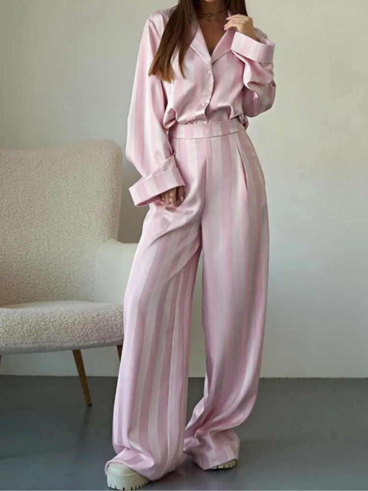 

Satin Stripe Pants Set Women 2025 Summer Elegant Casual Loose Button Long Sleeved Shirt+High Waist Wide Leg Pants 2 Piece Sets